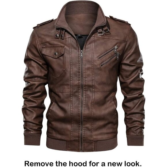 🆕 Hood Crew PU Faux Leather Zipper Jacket Women Brown Stand Collar Bomber Hood - Picture 5 of 7